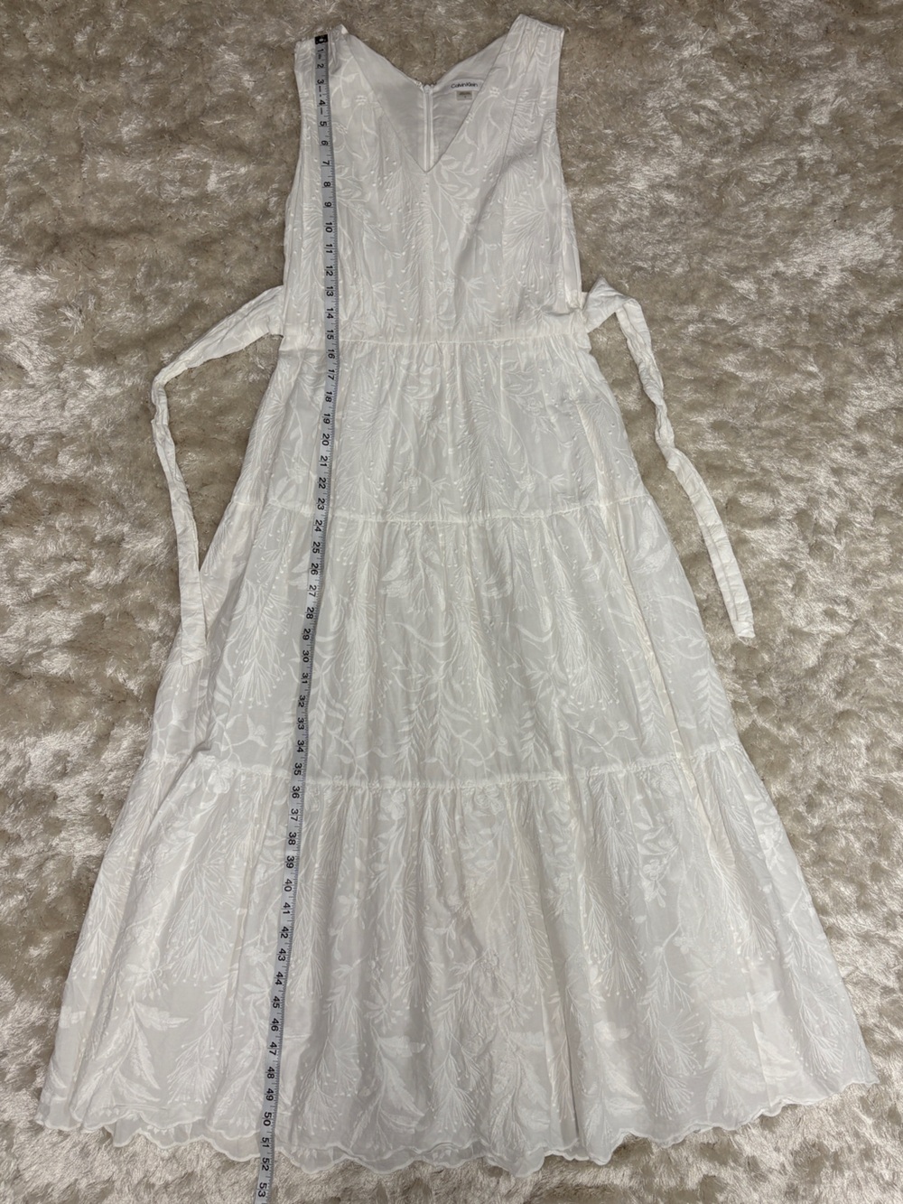 Calvin Klein White Sleeveless Tie- Waist Maxi Dress w/ Textured Leaf Embroidery - Picture 7 of 10